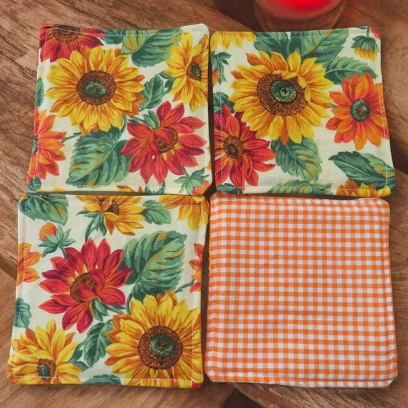 Fabric Coasters, Set Of 4, Reversible Sunflowers and Orange Gingham - Picture 2 of 7